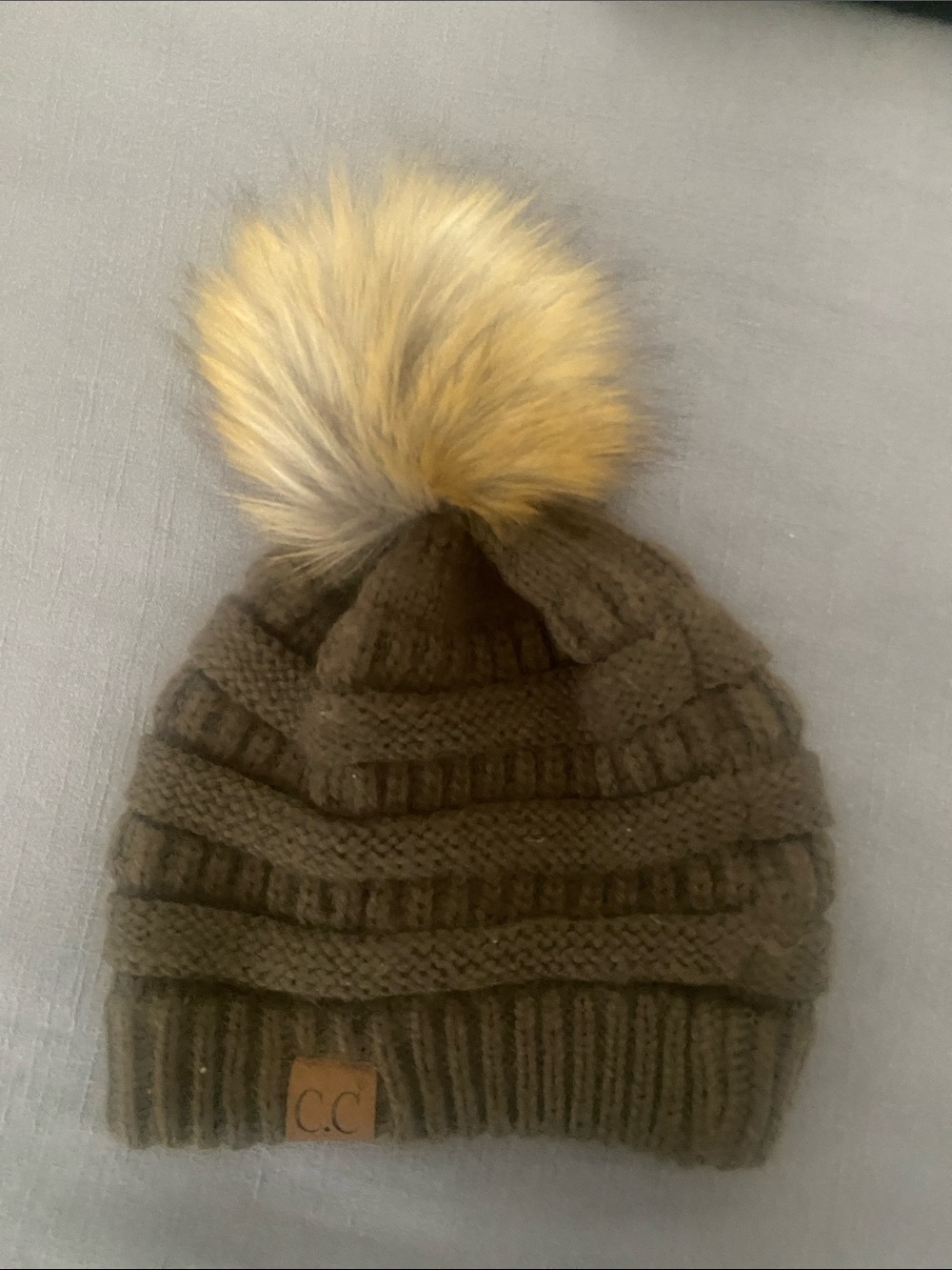C.C Olive Knit Pom Beanie with Faux Fur Pom